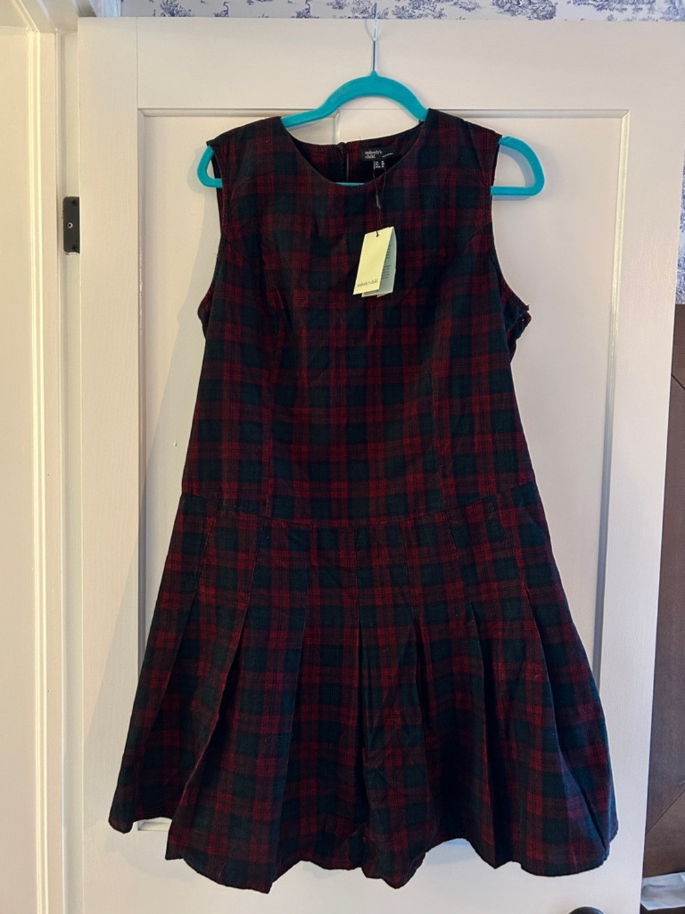 Nobody’s Child Sleeveless Corduroy Plaid Dress in Dark Green & Red